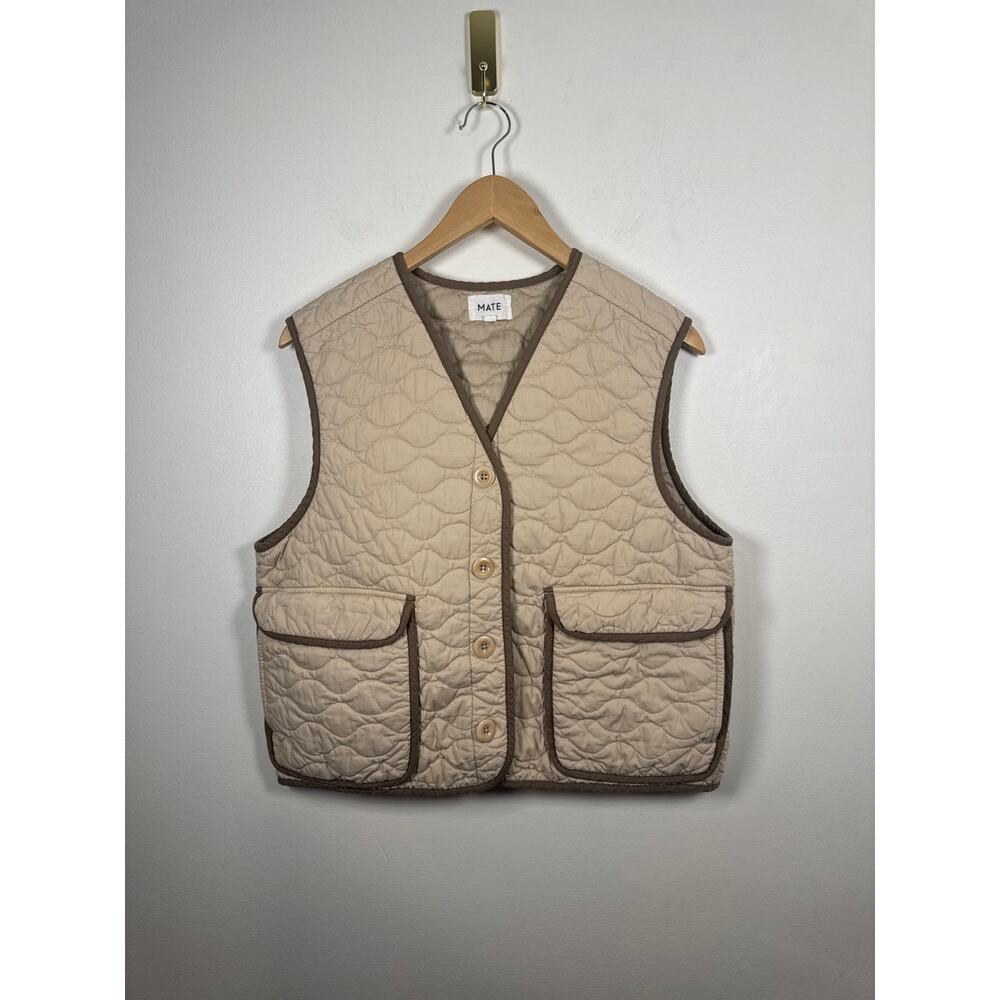 MATE the Label Organic Cotton Quilted Vest - Mushroom (Beige) / Brown Trim - M - Picture 2 of 8